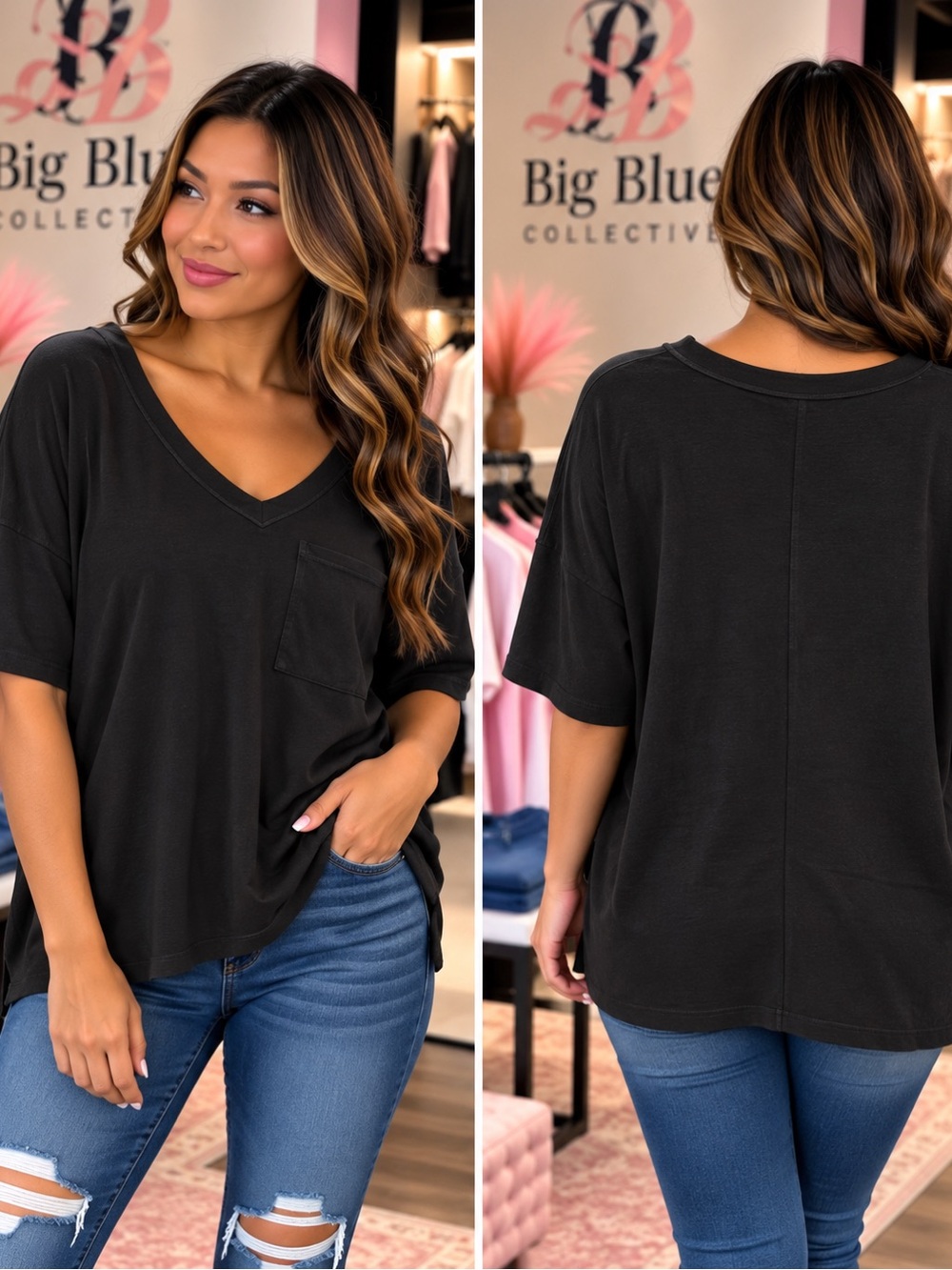Zenana Outfitters Black V-Neck Pocket Tee
